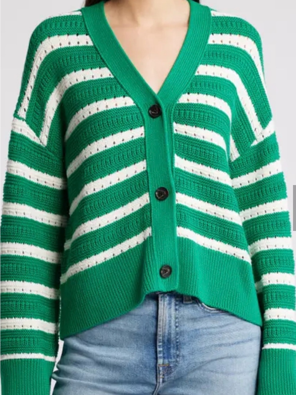 Rails Green and White Striped V-Neck Button Cardigan